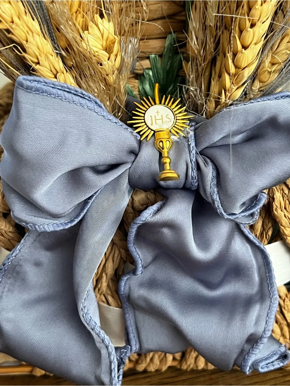 Communion or Baptism Woven Seagrass Decorative Cross with Blue Bow